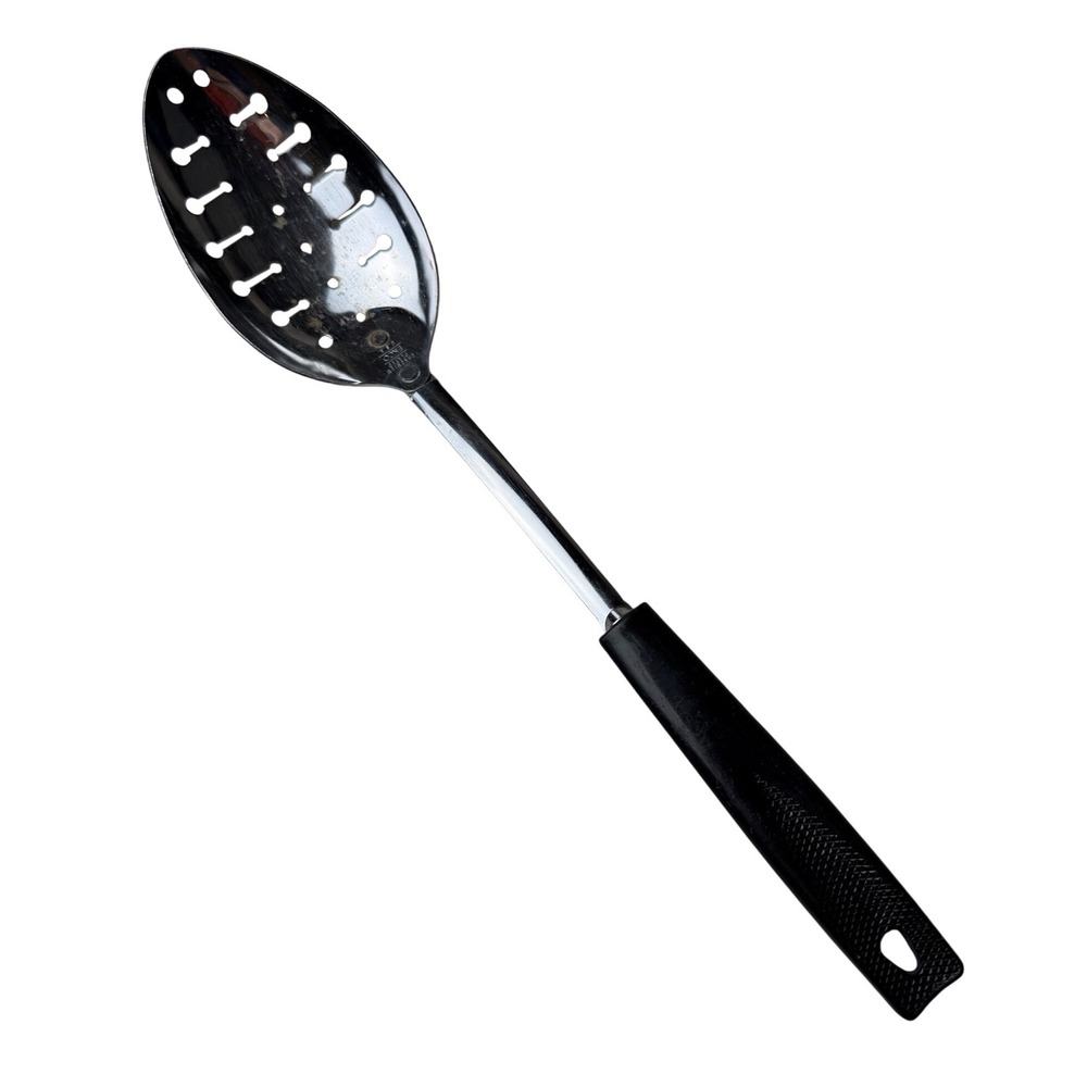 Vintage‎ EKCO Slotted Spoon Chromium Plated Black Handle Made in USA 11.5 Inch